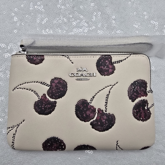 Coach Corner Zip Sequined Cherry Print Wristlet Smooth Leather Chalk & Silver - Picture 2 of 10